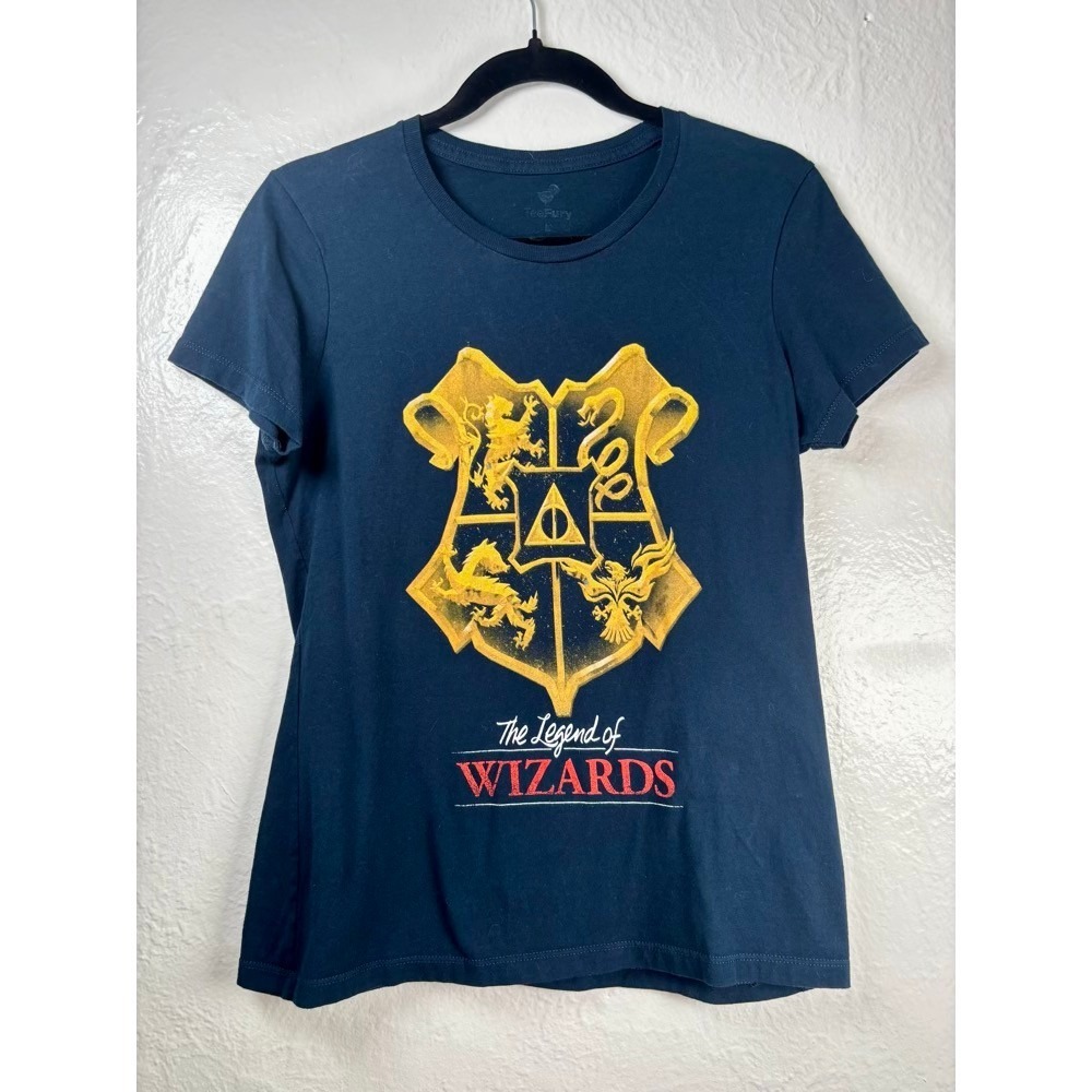 Harry Potter Hogwarts Graphic Tee Navy L Legend of Wizards Crest Kids Bookish